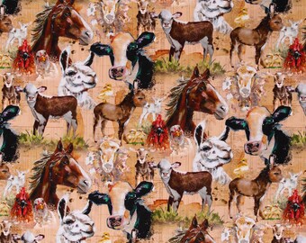 Cotton Farm Life Farm Animals Horses Cows Chickens Sheep Light Rust Cotton Fabric Print by the Yard (Y3939-70-LIGHTRUST) D370.82