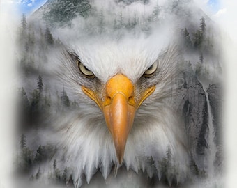 30" X 44" Panel Bald Eagle Mountains Birds Scenic Landscape Call of the Wild Digital Print Cotton Fabric Panel V5272-483Fog D374.81 Hoffman
