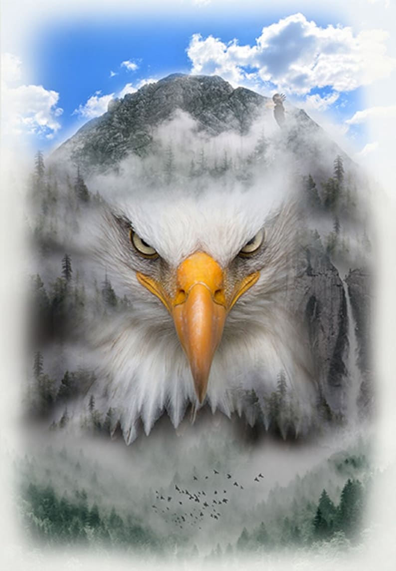 May include: A digital art piece featuring a bald eagle's face superimposed over a mountain landscape. The eagle has white feathers, a yellow beak, and intense yellow eyes. The mountain is covered in trees and mist, with a blue sky and clouds in the background.