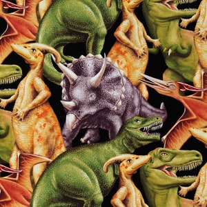 Cotton Dinosaurs T-Rex Triceratops Pterodactyls Parasaurolophus Prehistoric Jurassic Animals Reptiles Black Fabric Print by the Yard D676.32