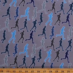 May include: A seamless fabric pattern featuring a repeating design of blue, gray, and black running figures on a light gray background.
