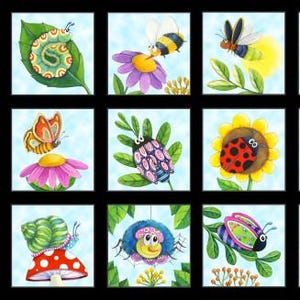May include: A collection of whimsical illustrations featuring various insects and flowers. Each square showcases a different scene, including ladybugs on sunflowers, caterpillars on leaves, butterflies on flowers, and bees near purple blooms. The artwork has a bright, colorful, and cheerful style.