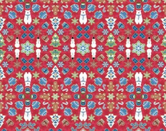 Cotton Village Square Cranberry Gingerbread Lane Cookies Snowflakes Sweaters Benartex Red Cotton Fabric Print by the Yard (17240-26) D333.13