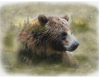 32" X 44" Panel Grizzly Bear Call of the Wild Animal Wildlife Scenic Landscape Northwoods Digital Print Cotton Fabric D37466 Hoffman Fabrics