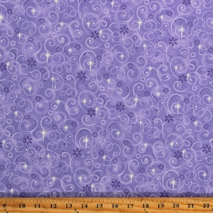 Cotton Magical Swirls Stars Floral Swirled Sparkles Glitter Girls Princess Purple Cotton Fabric Print by the Yard (2938R-2F-purple) D777.52