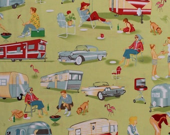 Cotton Camping Retro Campers Trailers Classic Cars BBQ Grills Family Vacation Dogs Trailer Travel Green Fabric Print by the Yard D375.25