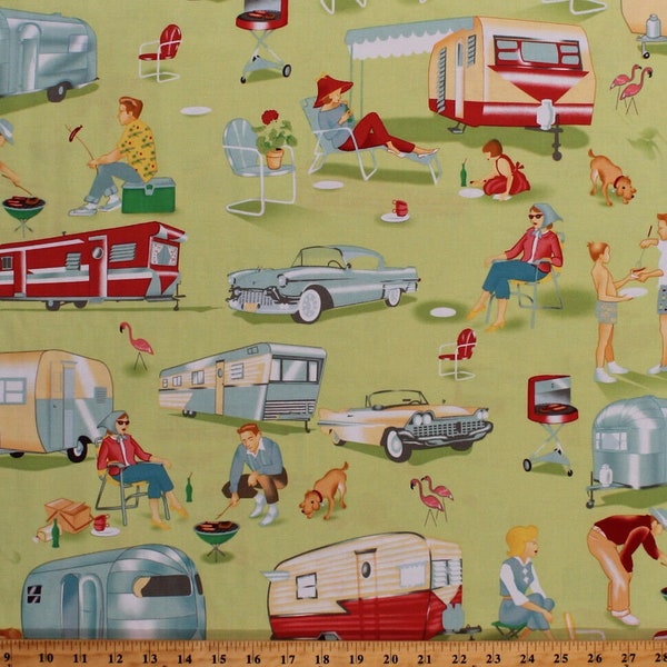 Cotton Camping Retro Campers Trailers Classic Cars BBQ Grills Family Vacation Dogs Trailer Travel Green Fabric Print by the Yard D375.25