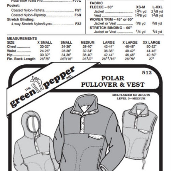 Adults Polar Pullover & Vest Jacket Coat Outerwear #512 Sewing Pattern (Pattern Only) gp512