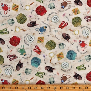 Cotton Hiking Gear Backpacks Binoculars Hats Compasses Wilderness Explorers Adventure This Way Beige Cotton Fabric Print by the Yard D564.55