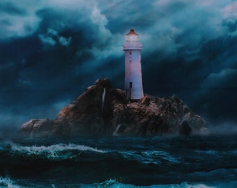 36" X 44" Panel Lighthouses Stormy Weather Ocean Beach Landscape Blue Cotton Fabric Panel (117982) D483.39