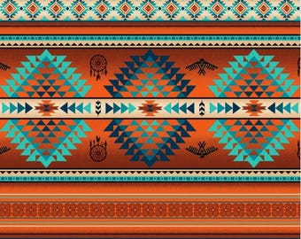 Op de afbeelding: Een herhalend patroon van geometrische vormen in tinten oranje, blauw en turquoise. Het patroon doet denken aan Native American kunst en design.