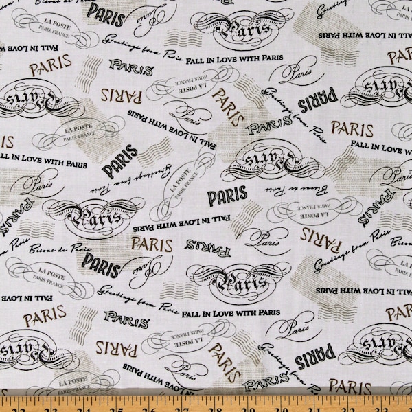 Cotton Fall in Love With Paris France French Postage Stamps Travel Cream Cotton Fabric Print by the Yard (53381-5) D687.73