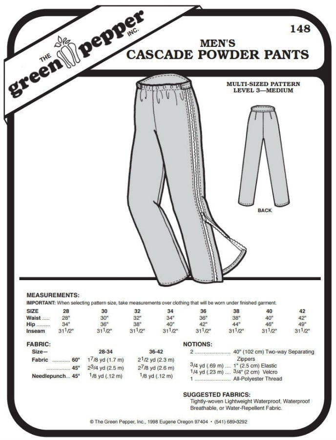 Men’s Cascade Powder Pants Pattern - 148 - The Green Pepper Patterns Men’s Cascade Powder Pants Pattern - 148 - The Green Pepper Patterns