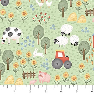 May include: A light green fabric with a farm scene design. The pattern includes a cow, sheep, pig, tractor, sunflowers, trees, and a rabbit. The fabric has a repeating pattern of farm animals and elements.