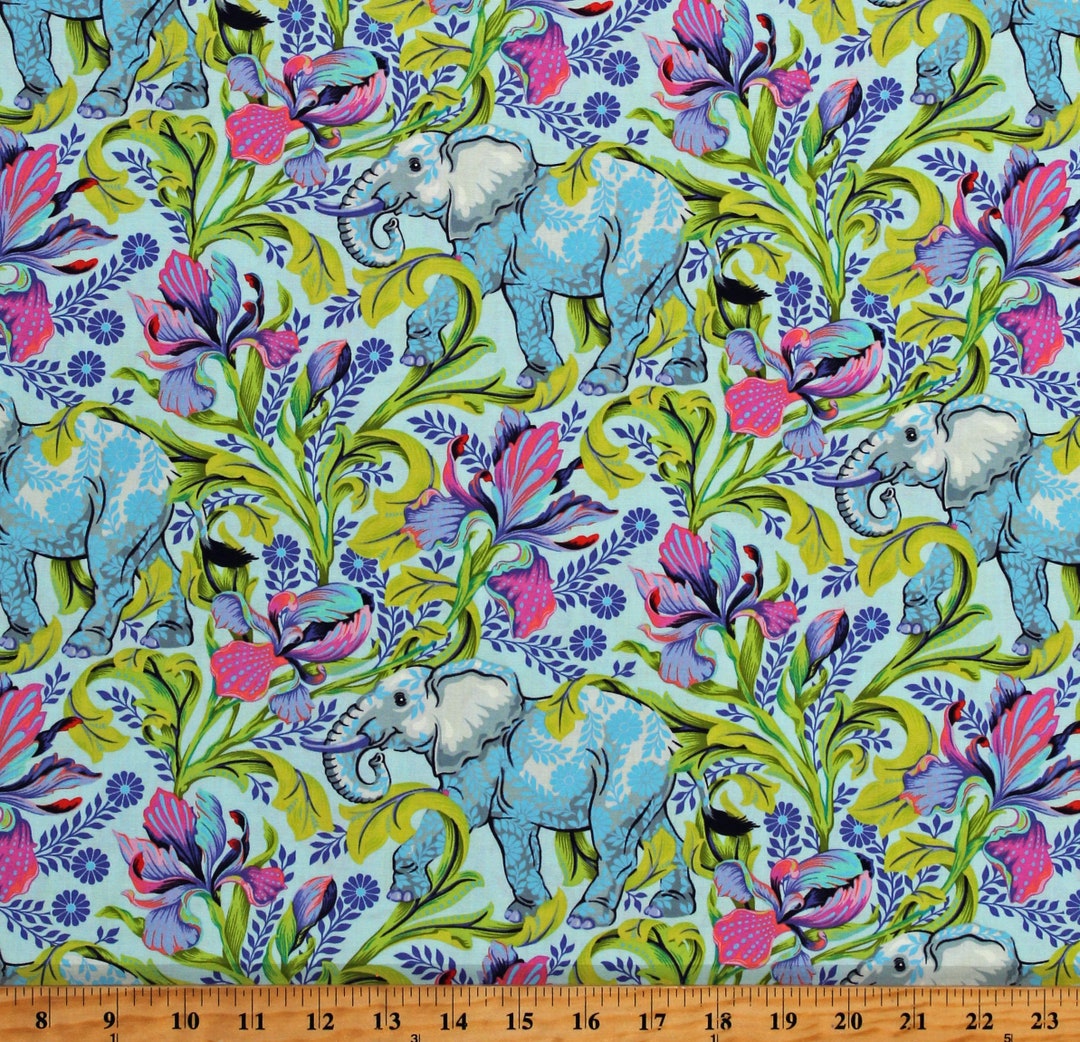 Cotton tula pink everglow all ears elephants in aura blue floral cotton