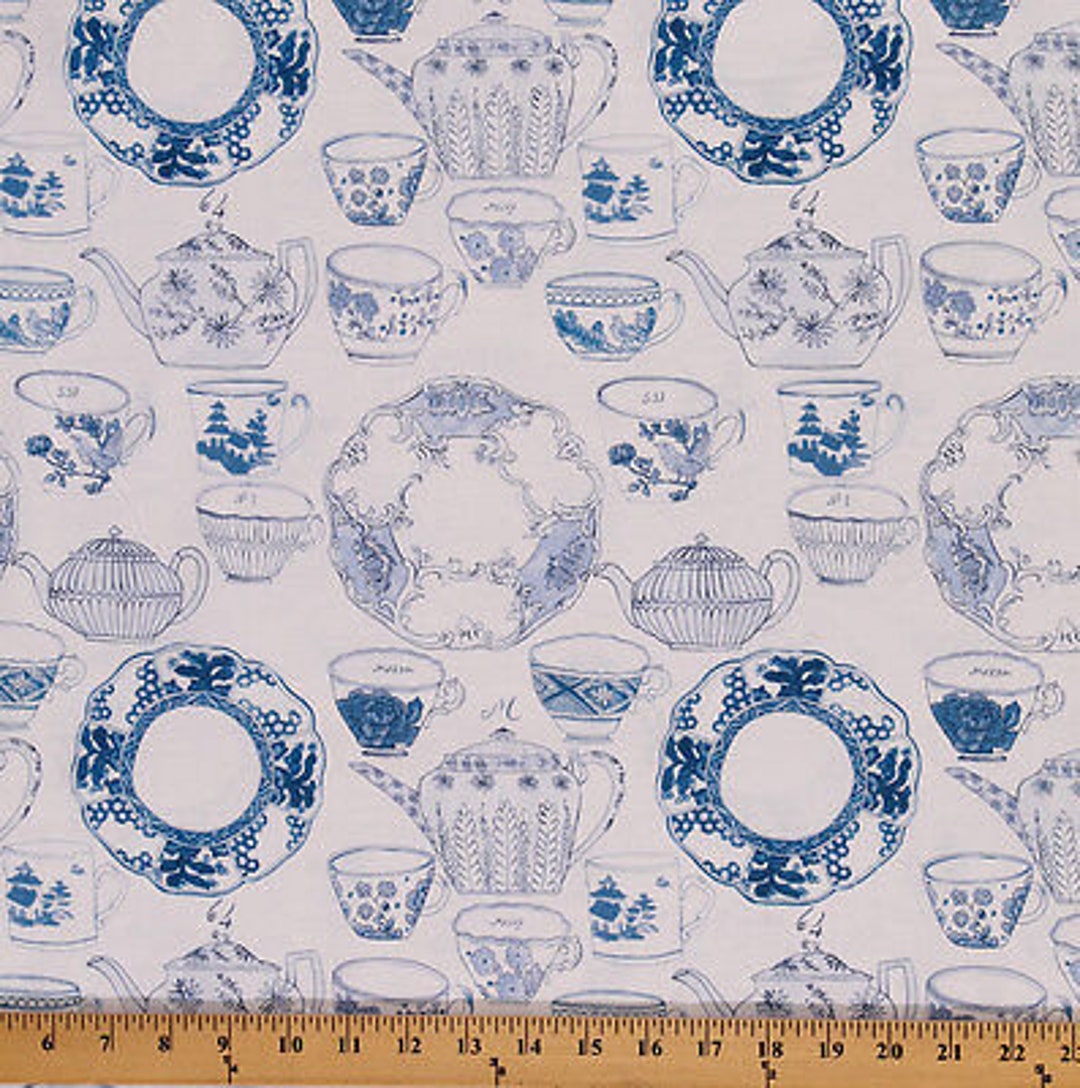 Cotton Tea Garden Blue Teapots Cups Plates Kitchen Cotton Fabric Print