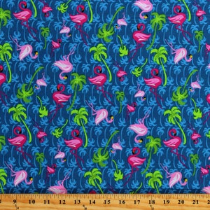 Cotton Flamingos Tropical Birds Palm Trees Blue Cotton Fabric Print by the Yard (24489-BLU1) D387.38 by Fabric Traditions