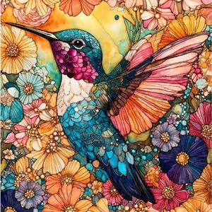 May include: A watercolour painting of a hummingbird amidst colourful flowers. The bird has iridescent blue, purple, and teal feathers, with orange and pink wings. The flowers are in shades of orange, pink, yellow, and purple.