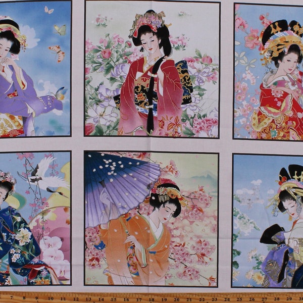 24" X 44" Panel Asian Ladies Japanese Women Kimonos Multicolor Cotton Fabric Panel (M3406CREAM) D373.43