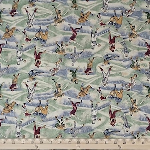 May include: Fabric with a repeating pattern of figures in vintage baseball uniforms. The figures are in various colors, including burgundy, tan, and blue, set against a light green and blue background. A ruler is at the bottom.
