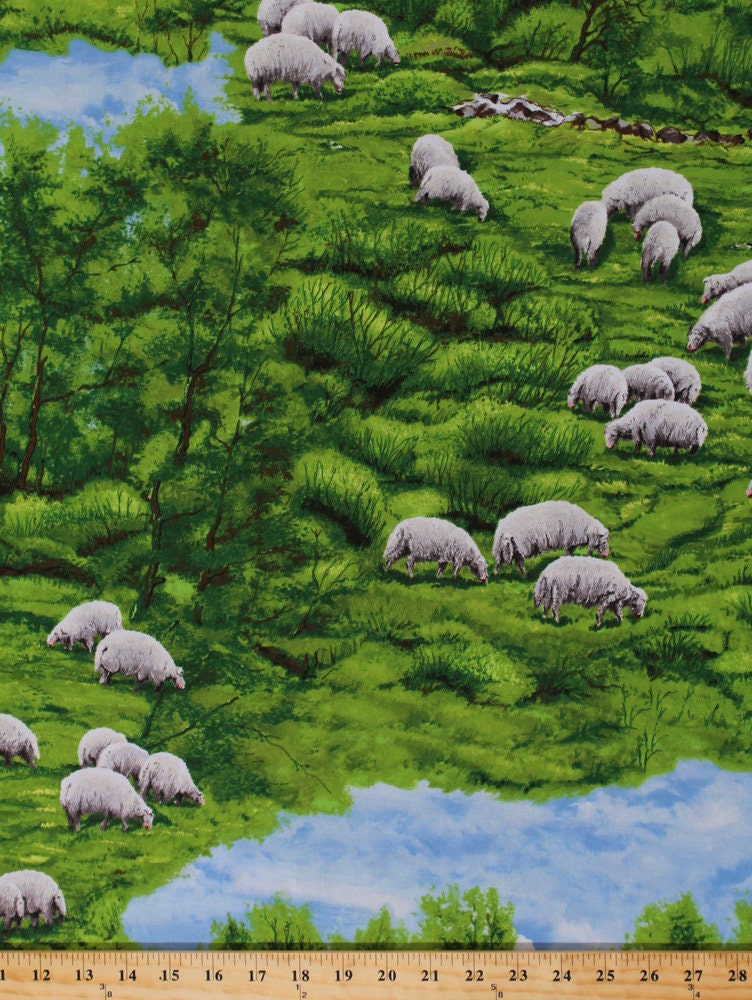 IN THE MEADOW LAMBS SHEEP COUNTRY SCENIC FABRIC PANEL
