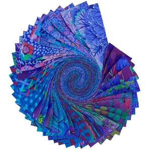 May include: A bundle of 40 fabric squares in various shades of blue and purple with floral and geometric patterns. The squares are rolled up in a spiral shape.