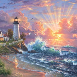 May include: A coastal landscape painting featuring a white lighthouse with a glowing lantern room, a small house, and a white picket fence on a grassy cliff. Large ocean waves crash against rocks below, while seagulls fly under a vibrant sunset sky.
