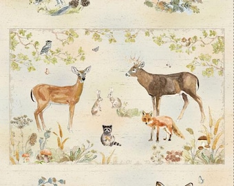 24" X 44" Panel Wildwood Woodlands Animals in Blocks Botanicals Light Khaki Forest Creatures Clothworks Cream Cotton Fabric Panel D786.28