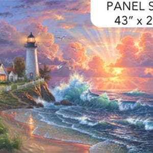 28" X 44" Panel Lighthouse Sea Ocean Water Waves Sunset Sunrise Scenic Safe Harbor Peach/Blue Multi Cotton Fabric Panel (DP24960-54) D368.59