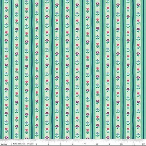 May include: A fabric pattern featuring vertical stripes in shades of green and teal, adorned with rows of small floral motifs in pink, purple, and blue. The pattern includes a ruler at the bottom with inch measurements.