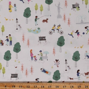 Cotton Park Scene Community Kids Playing Dogs Benches Trees Cream Cotton Fabric Print by the Yard (C11100) D486.60