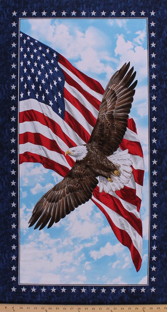 23.5" X 44" Panel Bald Eagle American Flag Old Glory Patriotic Independence Day America Cotton Fabric Panel D766.67