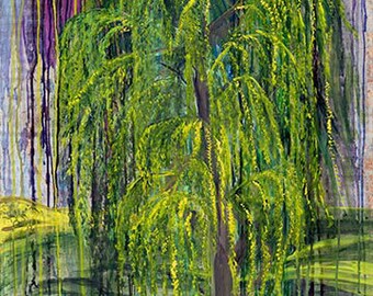 24" X 44" Panel Weeping Willow Tree Painted-Look Zen Garden Green Cotton Fabric Panel (40037-73) D483.55