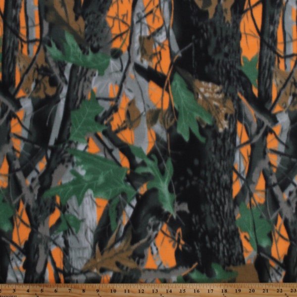 Fleece Deep Woods Camo Orange Camouflage Tree Branch Leaves Leaf Fleece Fabric Print by the Yard (A505.38)