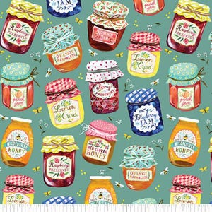 May include: A repeating pattern of illustrated jam and honey jars on a teal background. Jars are labeled with text such as "Raspberry Preserves", "Blueberry Jam", and "Wildflower Honey". The jars have colorful lids and are decorated with bees and flowers.