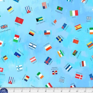 May include: Light blue fabric with scattered flags of various countries, including the USA, UK, and Japan. The flags are in a watercolor style, with a cloudy blue background. The fabric has the text "WAWO 5983 BT".
