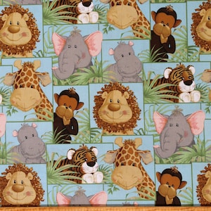 May include: A blue fabric with a repeating pattern of various jungle animals, including a lion, giraffe, elephant, hippopotamus, monkey, and tiger. The animals are all cartoon-like and have friendly expressions.