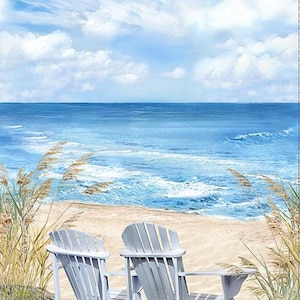 24in X 44in Panel Beach Chairs Sand Lake Ocean Breeze Blue Cotton Fabric Panel (PANEL-C1083-MULTI) D483.45