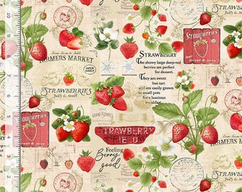 May include: A vintage-style fabric print featuring a repeating pattern of red strawberries, green leaves, and white flowers. The print also includes text such as "Feeling Berry Good", "Strawberries Juicy & Sweet", and "Farmers Market".