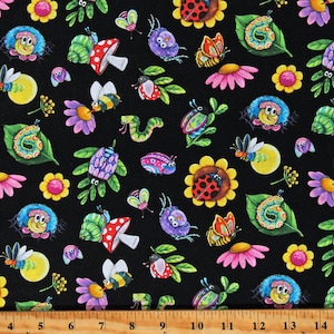 Cotton Insects All Around Bugs Ladybugs Bees Nature Flowers Mushrooms Black Cotton Fabric Print by the Yard (17009BLACK) D586.63