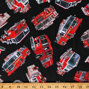 Cotton Fire Trucks Tossed Fire Engines Firefighters Fireman Emergency Rescue Black Cotton Fabric Print by the Yard D694.62