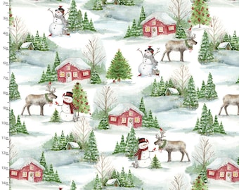 Cotton Frosty Hollow Scenic White Snowmen Christmas Trees Reindeer 3 Wishes Fabric White Cotton Fabric Print by the Yard D411.24