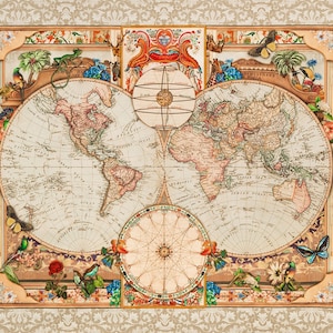 May include: A vintage world map with a compass rose and decorative floral borders. The map is surrounded by butterflies, birds, and other nature-inspired elements. The map is printed on a cream-colored background.