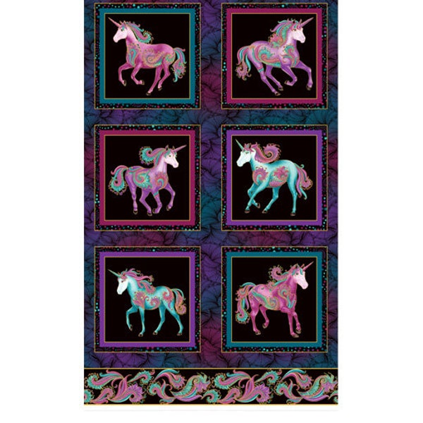 24" X 44" Panel Unicorns Magical Animals Colorful Paisleys Whimsical Black Cotton Fabric Panel (10390M-12) D386.05