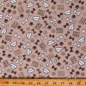 Cotton Dog Bones Food Bowls Dishes Pawprints Dogs Pets Animals Dog Lover Tan Brown Spotty Cotton Fabric Print by the Yard (108469) D760.41