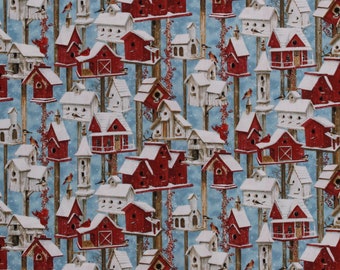 Cotton Birdhouses Bird Feeders Winter Birds Cardinals Chickadees Nature Sheltering Snowman Cotton Fabric Print by the Yard (1301-81) D400.29