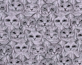 Jersey Knit Cats Kittens Animals Faces Black White 54" Wide Cotton Knit Fabric by the Yard (C56966)