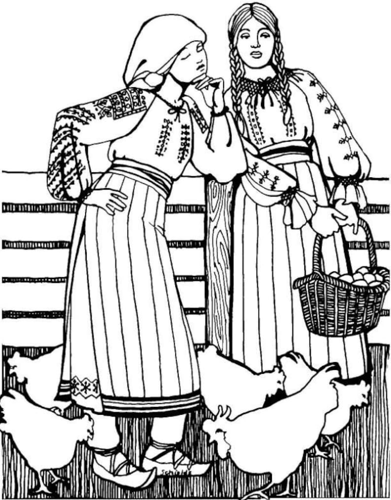 May include: Two women in traditional clothing stand near a fence with chickens. One woman is holding a basket of eggs. The women are wearing long skirts and blouses with embroidered details.