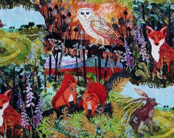 Cotton Woodland Animals Forest Creatures Foxes Owls Down in the Woods Digital Cotton Fabric Print by the Yard D481.54 by Blank Quilting