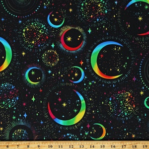 Cotton Rainbow Moons and Stars Space Galaxy Night Sky Hoot Rocks Multi-Color on Black Cotton Fabric Print by the Yard D475.87